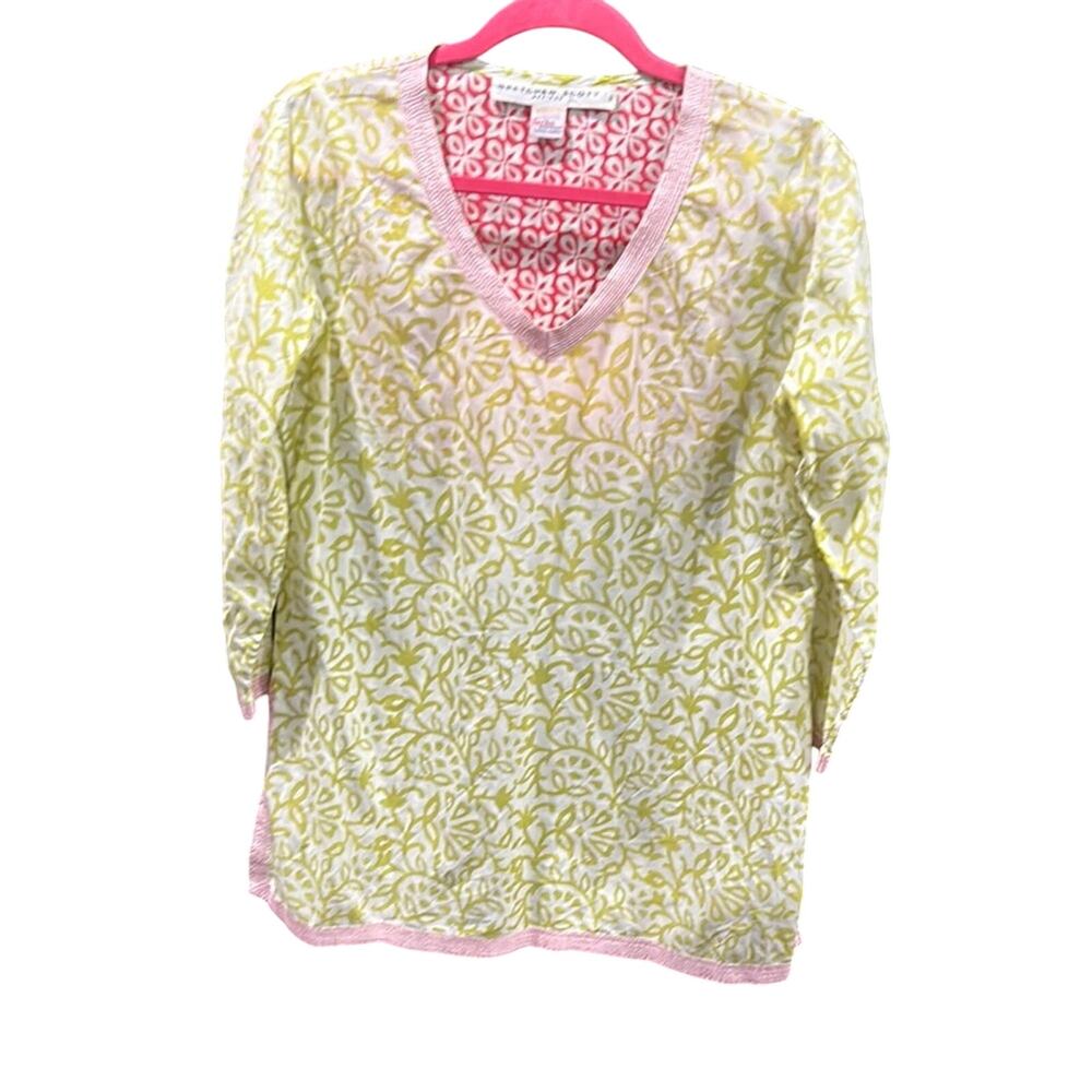 Gretchen Scott Cotton Tunic M Floral V-Neck 3/4 Sleeve Resort Boho Style